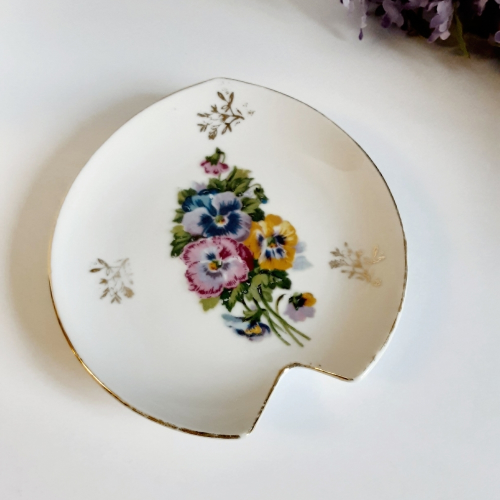Unique Vintage Trinket Dish Porcelain Pin Tray Floral Pansies Cottagecore